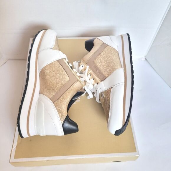 New! MICHAEL KORS Women's Billie Leather Sneakers Trainer Shoes Size 6 Pale Gold - Picture 13 of 15